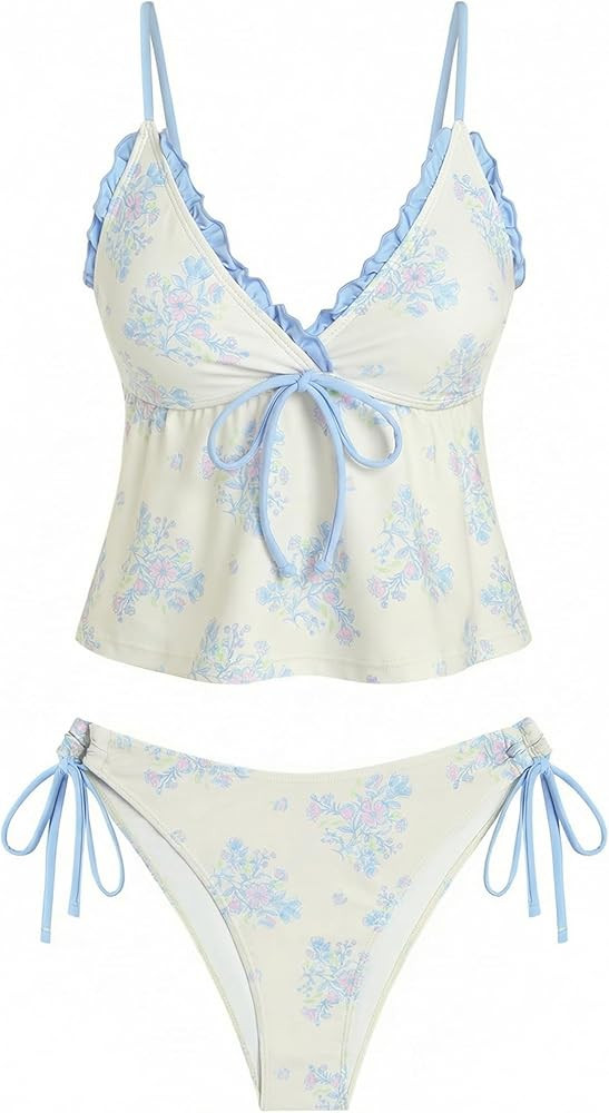 ZAFUL Tankini Swimsuits for Women V Neck Textured Knot Tie Ruffle Trim Bikini Swimsuit Tie Side 2... | Amazon (US)