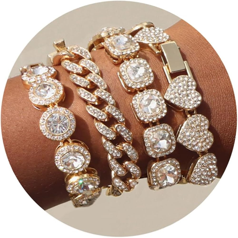 shopbyskyler 4PCS Gold Bracelets for Women Girls Silver Clustered Tennis Bracelet for Women Heart... | Amazon (US)