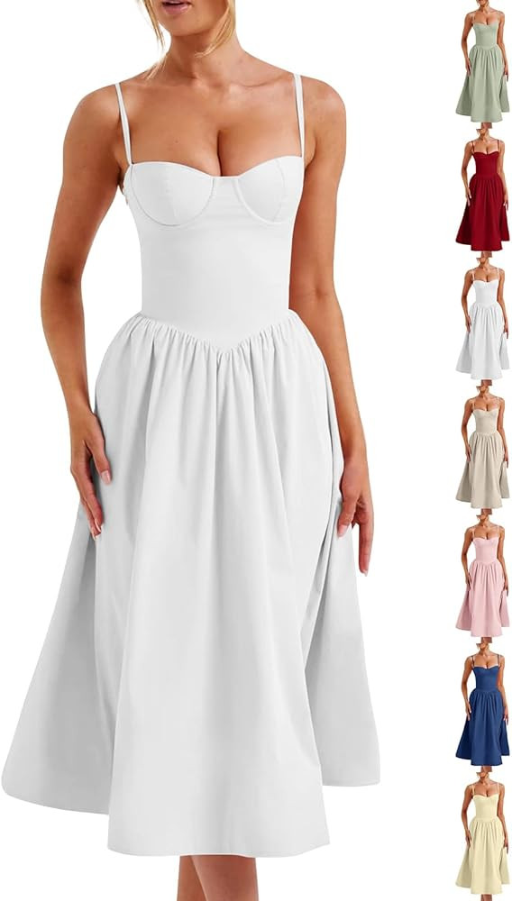 Corset Dress for Women Elegant Spaghetti Strap Midi Dress Ladies Flowy Slimming Lace Up Bustier S... | Amazon (US)