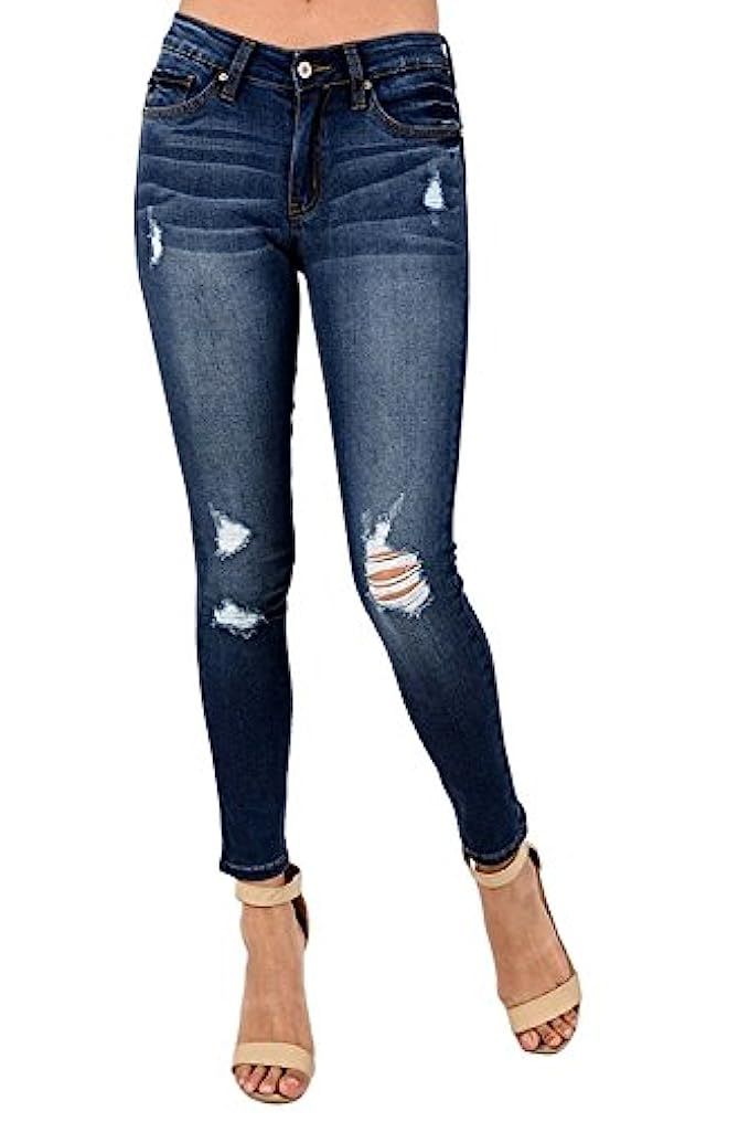 KAN CAN Women's Mid Rise Destroyed Skinny Jeans KC8001HRD | Amazon (US)