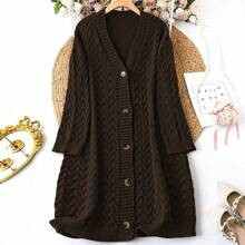 Plus Size Women's Solid Color Casual Long Sleeve Open Cardigan, For Winter | SHEIN