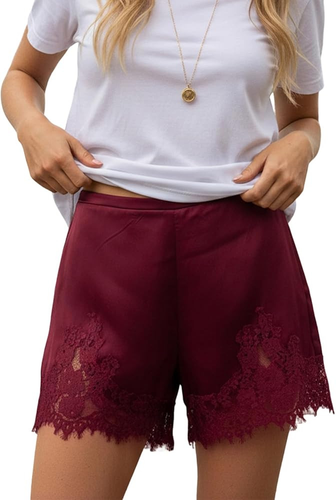 Women Silk Lace Shorts Satin Elastic Waist Lace Trim Mini Shorts Silk Patchwork Lounge Pettipants... | Amazon (US)