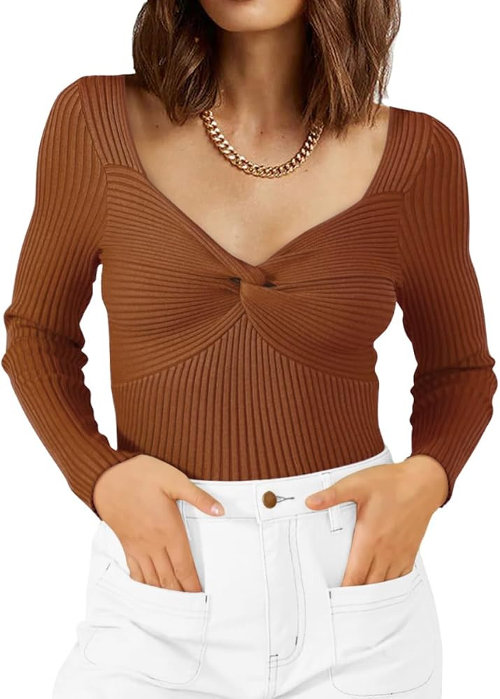 LILLUSORY Women's Sweaters Sexy Twist Knot Top Ribbed Knit Going Out Long Sleeve Y2k Pullover Swe... | Amazon (US)