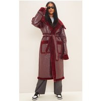 Tall Burgundy Vinyl Contrast Faux Fur Midi Coat | PrettyLittleThing UK