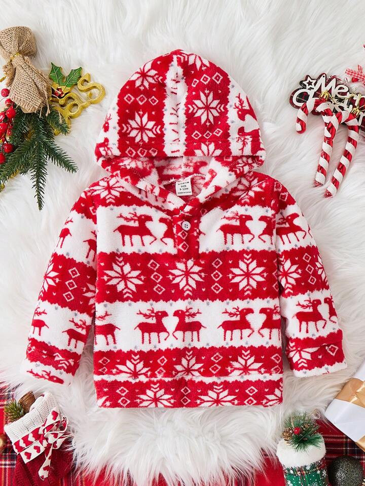 Baby Boy Christmas Sweatshirt, Cute Cartoon Snowflake And Deer Print, Plush Lining, Warm Winter, ... | SHEIN