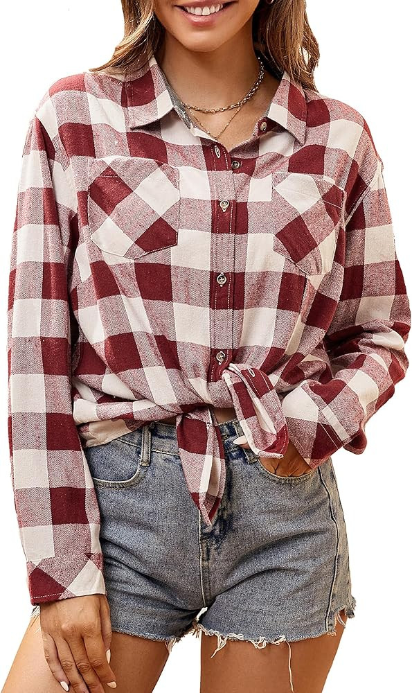 WARHORSEE Plaid Flannel Shirts for Women Long Sleeve, Loose Fit Womens Casual Flannels Button Dow... | Amazon (US)