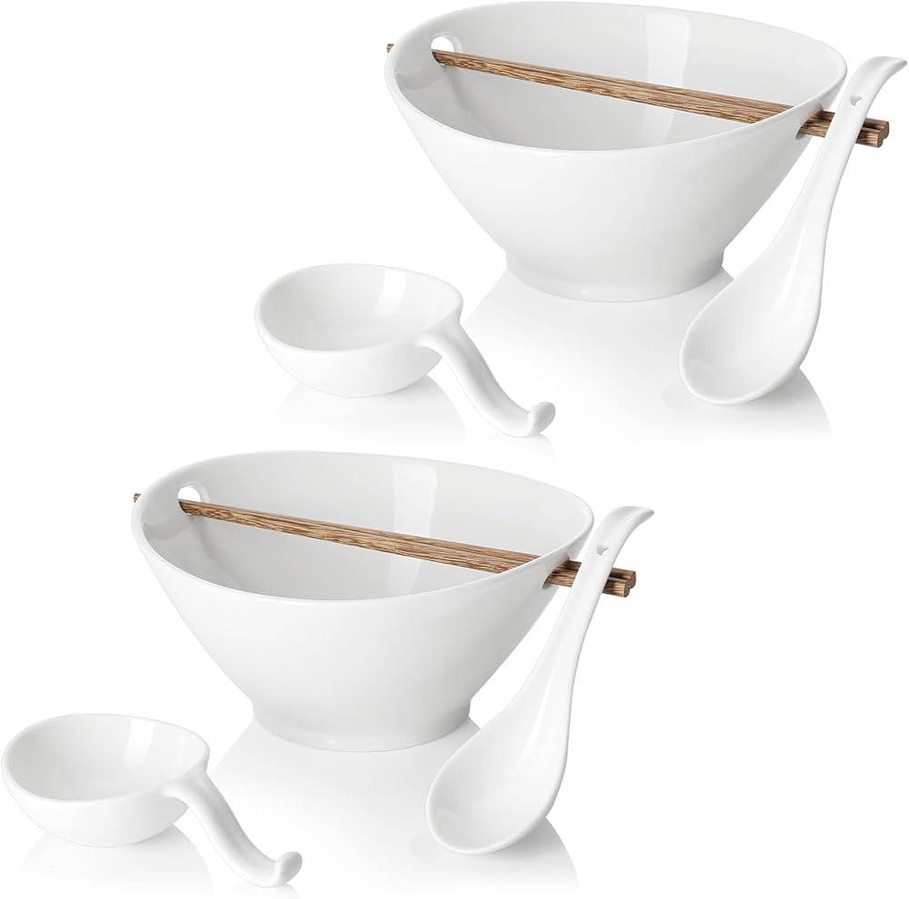 Sweese Porcelain 35oz Japanese Ramen Bowls Set of 2 with Chopsticks & Spoons & Dipping Dishes, La... | Amazon (US)