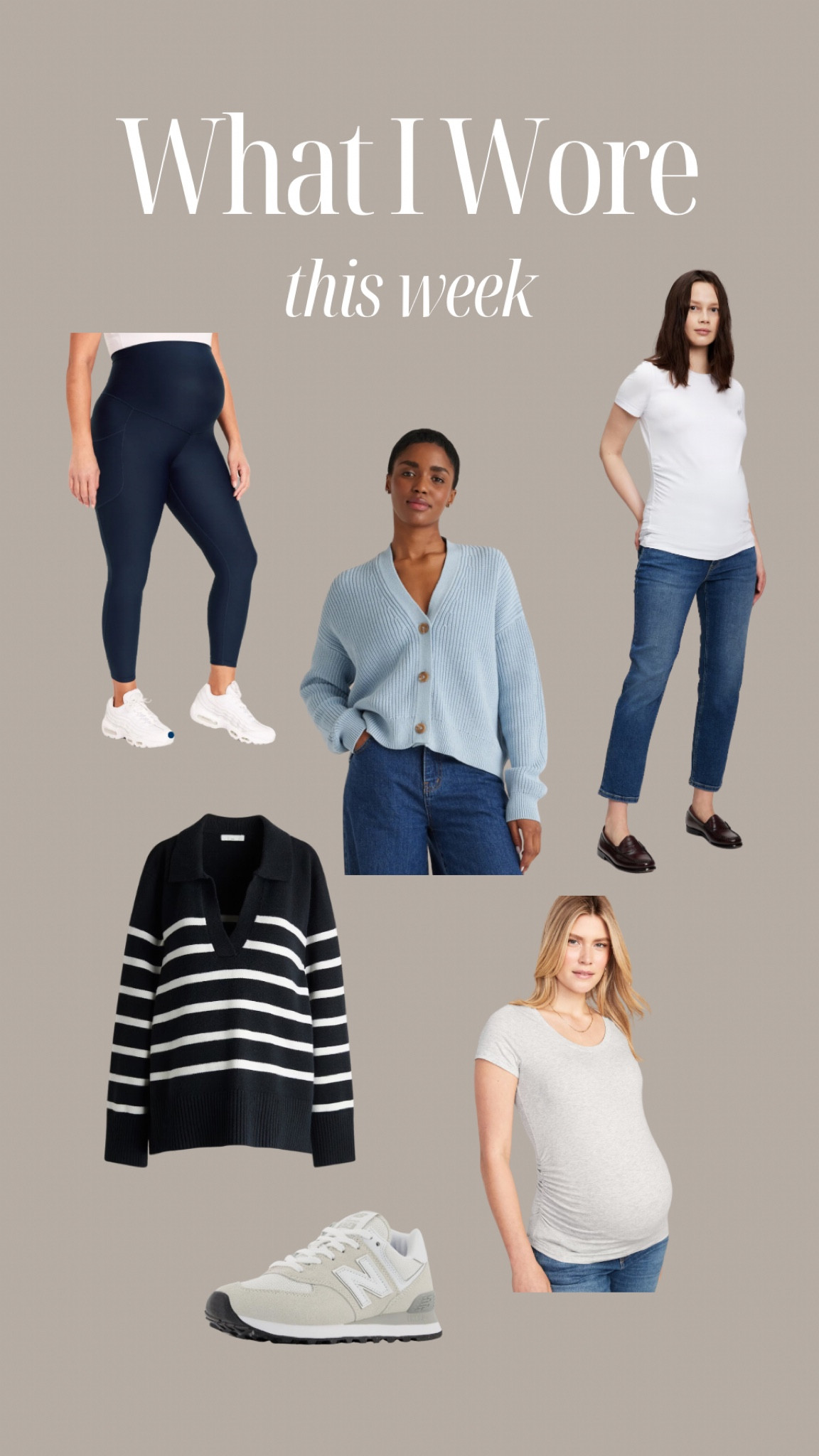 What I wore this week: 
1. Old Navy PowerSoft 7/8 Legging in Navy: True to size, offer great support!
2. Quince Cotton Cardigan in Blue
3. GAP Cheeky Straight Full Panel Maternity Jeans: Love these and currently on major sale!
4. H&M Collared Maternity Sweater in Navy: SIZE DOWN!
5. Old Navy Scoop Neck Maternity Tee
6. New Balance 574 Sneakers: a classic! I wear these weekly! They’re comfortable and offer great support. 

Affordable, casual, maternity, pregnancy, bump, friendly, activewear, workout, clothes, Amazon, GAP, sneakers, Tennis, shoes, new balance, striped, sweater, medium, wash, jeans, pants