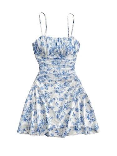 Verdusa Women's Floral Ruched Summer Cami Dress Flowy A Line Wedding Guest Mini Dresses Light Blue and White Medium | Amazon (US)