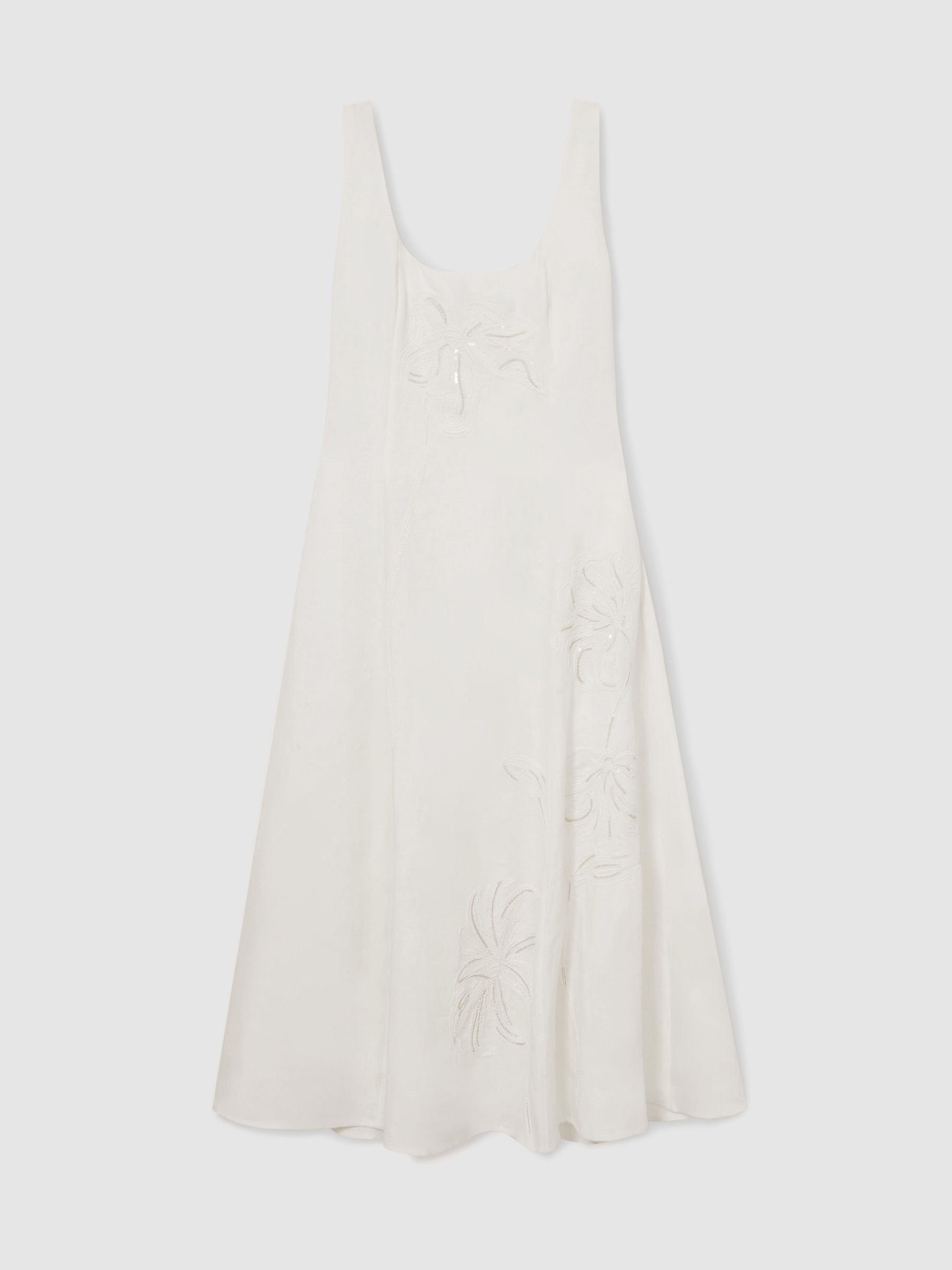 Reiss Linen Floral-Embroidered Midi Dress in Ivory - REISS | Reiss UK