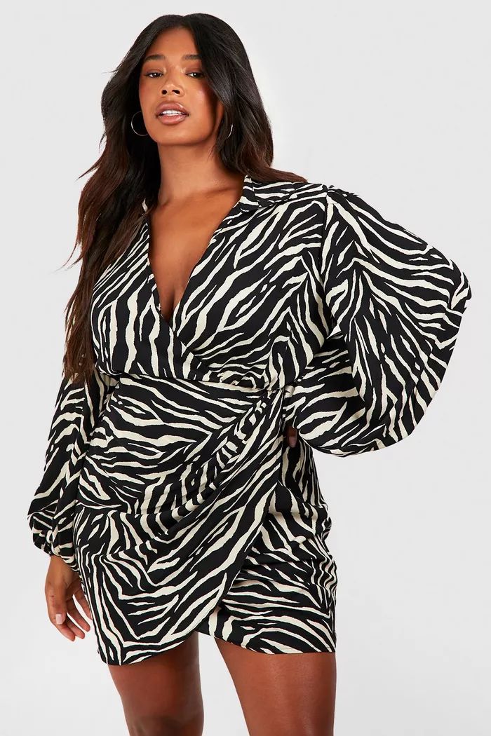 Plus Zebra Print Blouson Sleeve Wrap Dress | boohoo (US & Canada)