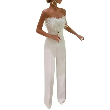 Women V Neck Spaghetti Strap Jumpsuit Feather Front High Waist Romper Belted Wide Leg Jumpsuit Clubw | Walmart (US)