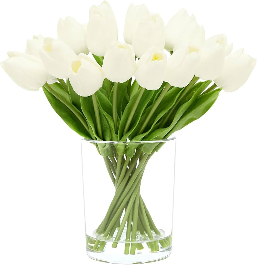 WELL KNOWN 20 Pcs White Tulips Artificial Flowers in Vase, Fake Flowers in Glass Vase, Real Touch... | Amazon (US)
