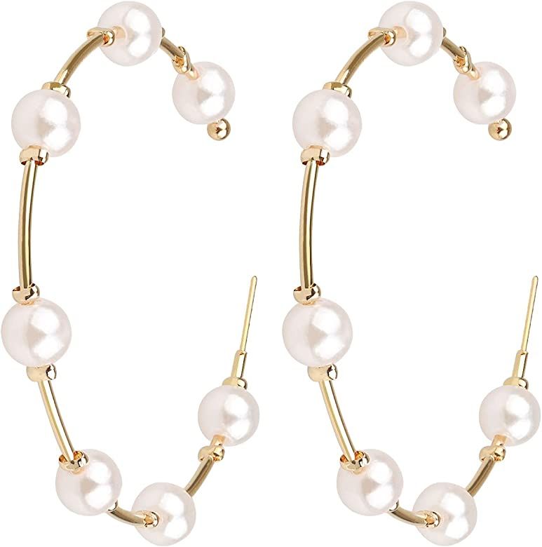 Pearl Hoop Earrings for Women Fashion Hypoallergenic Girls Pearl Earrings Drop Dangle Earrings Je... | Amazon (US)