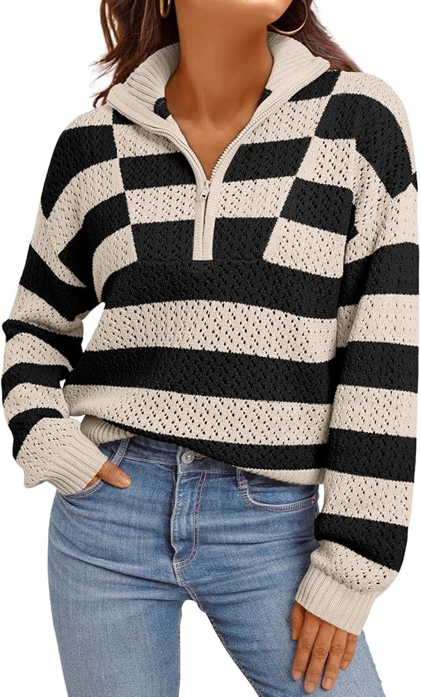 LILLUSORY Women's Quarter Zip Pullover V Neck Crochet Striped Sweater 2024 Cotton Color Block Tre... | Amazon (US)