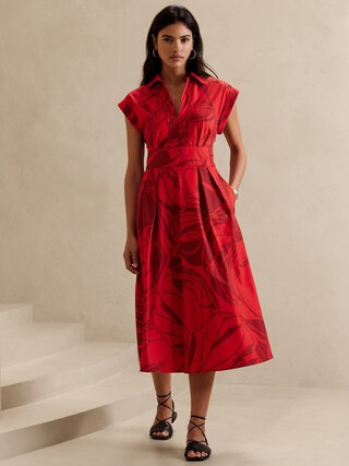 Band-Waist Poplin Midi Dress | Banana Republic Factory