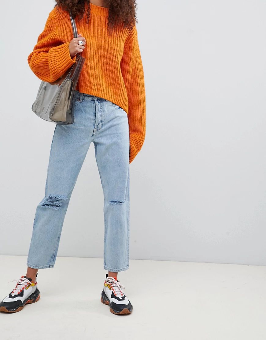 ASOS DESIGN Recycled Florence authentic straight leg jeans in light stonewash blue with rips | ASOS (Global)