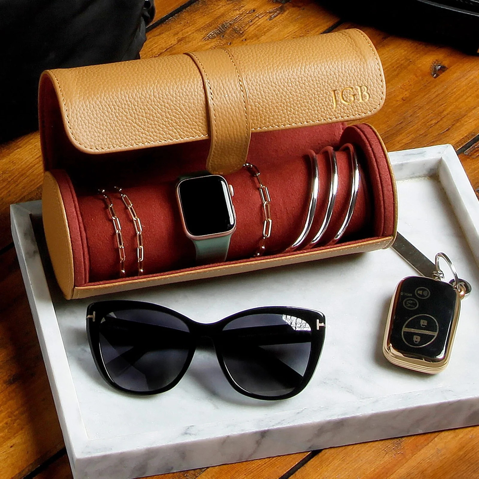 Durham Custom Leather Jewelry, Bracelet & Watch Roll for Travel - British Tan | HomeWetBar.com