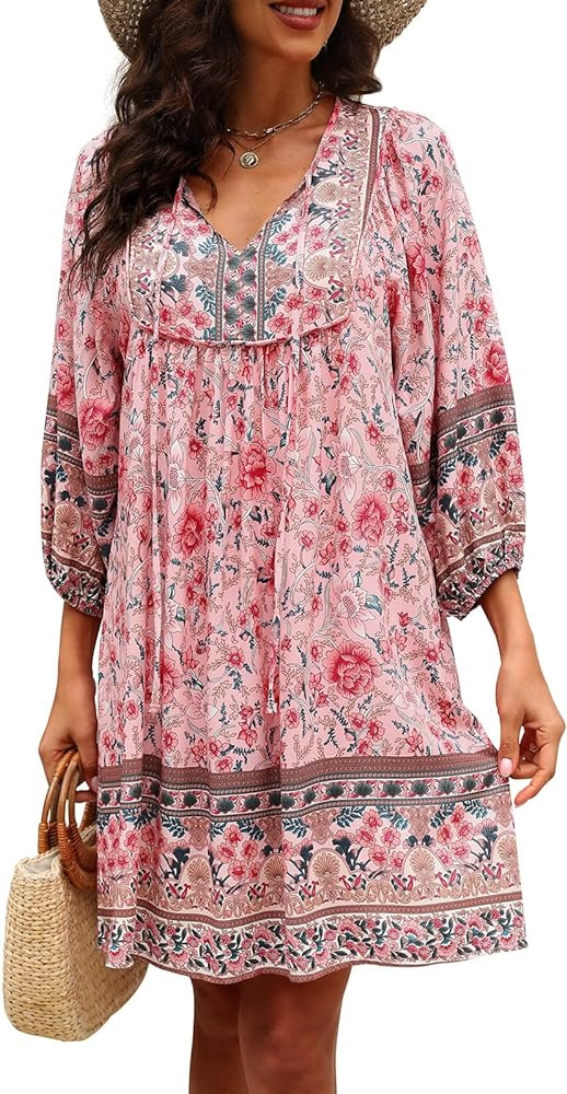 Qearal Womens Casual V Neck 3/4 Sleeve Boho Floral Printed Loose Short Mini Summer Beach Dress | Amazon (US)
