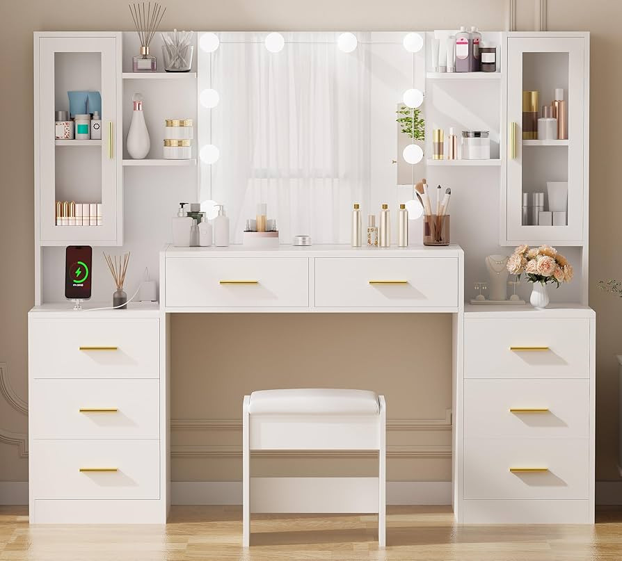 ANWBROAD 59.1" Large Vanity Desk Table with Mirror & Lights White Makeup Vanity with Power Outlet... | Amazon (US)