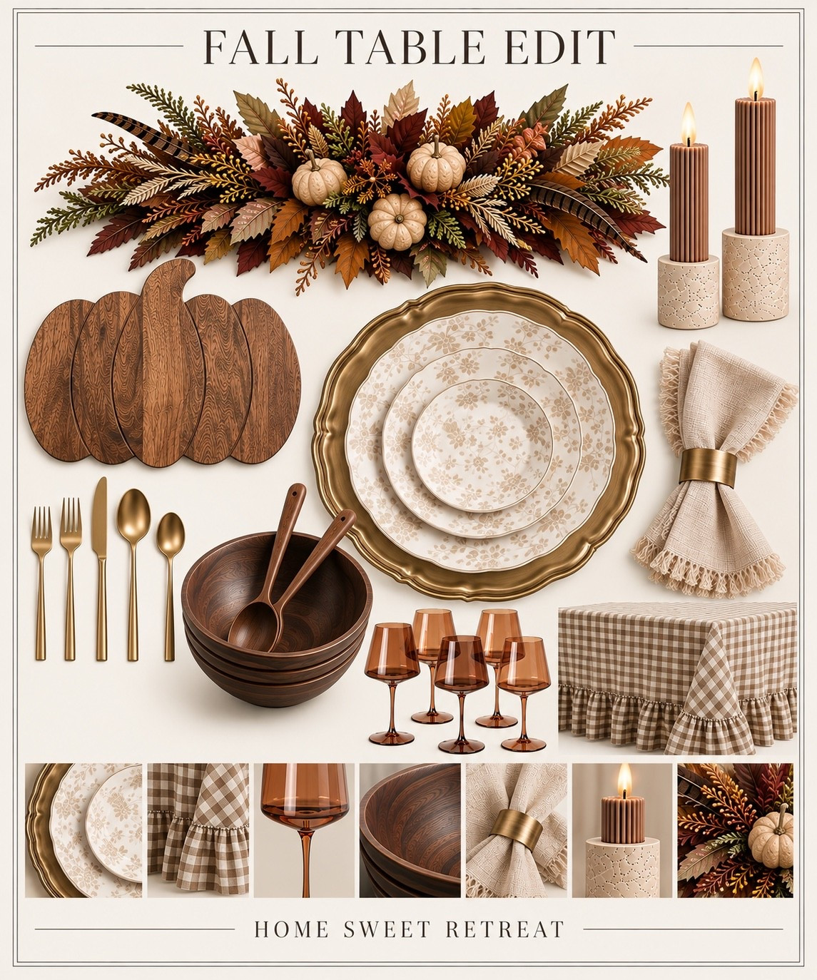 Fall table, but make it feel collected. 🍂🤎 Warm woods, soft checks, aged brass + just enough autumn color.

#LTKHome #LTKSeasonal