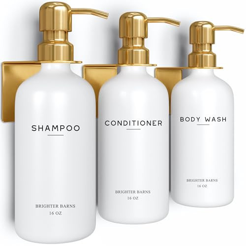Luxury Shampoo and Conditioner Dispenser Set Wall Mounted by Brighter Barns - Refillable Shampoo and Conditioner Bottles - Shower Dispenser 3 Chamber No Drill - White and Gold Bathroom Decor (Gold) | Amazon (US)
