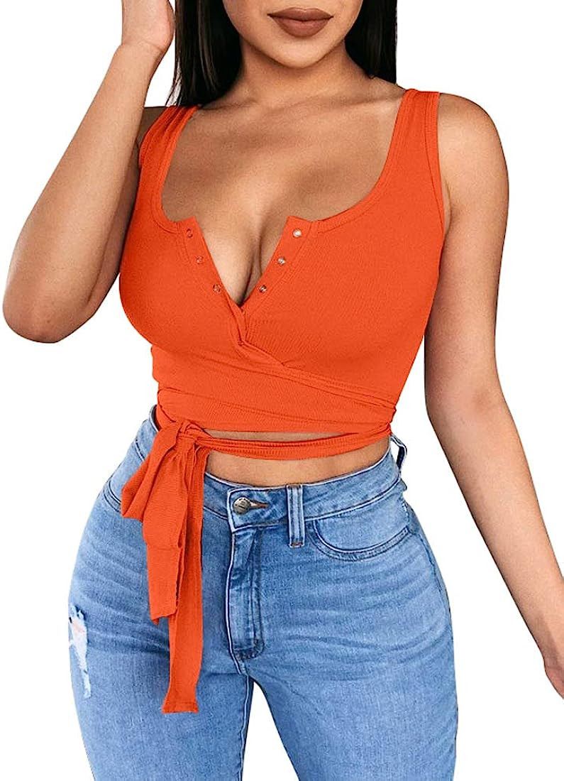 LAGSHIAN Women's Sexy Summer Button Sleeveless Tank Strappy Casual Basic Crop Top | Amazon (US)