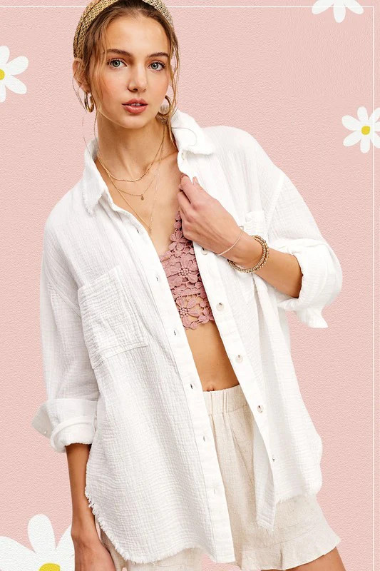 Soft Washed Crinkled Gauze Button Down Shirt WHITE / M | Casual Chic Boutique
