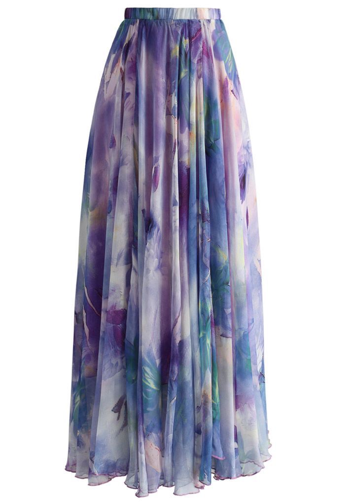 Dancing Watercolor Floral Maxi Skirt in Violet | Chicwish
