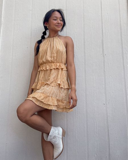 Yellow halter dress (tts, backless and I love it) with dolce vita booties, western boots, short cowboy boots // western chic, fall transition, summer to fall, transitional outfit, meir, ameirylife 

#LTKSeasonal #LTKshoecrush #LTKU