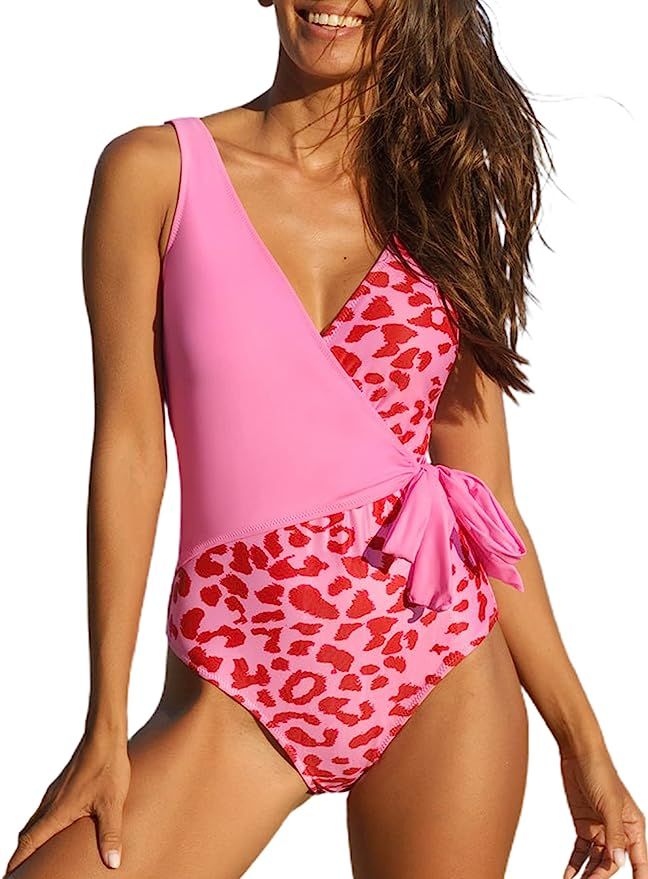 Hilinker One Piece Bathing Suit for Women Floral Print V Neck Swimsuit | Amazon (US)