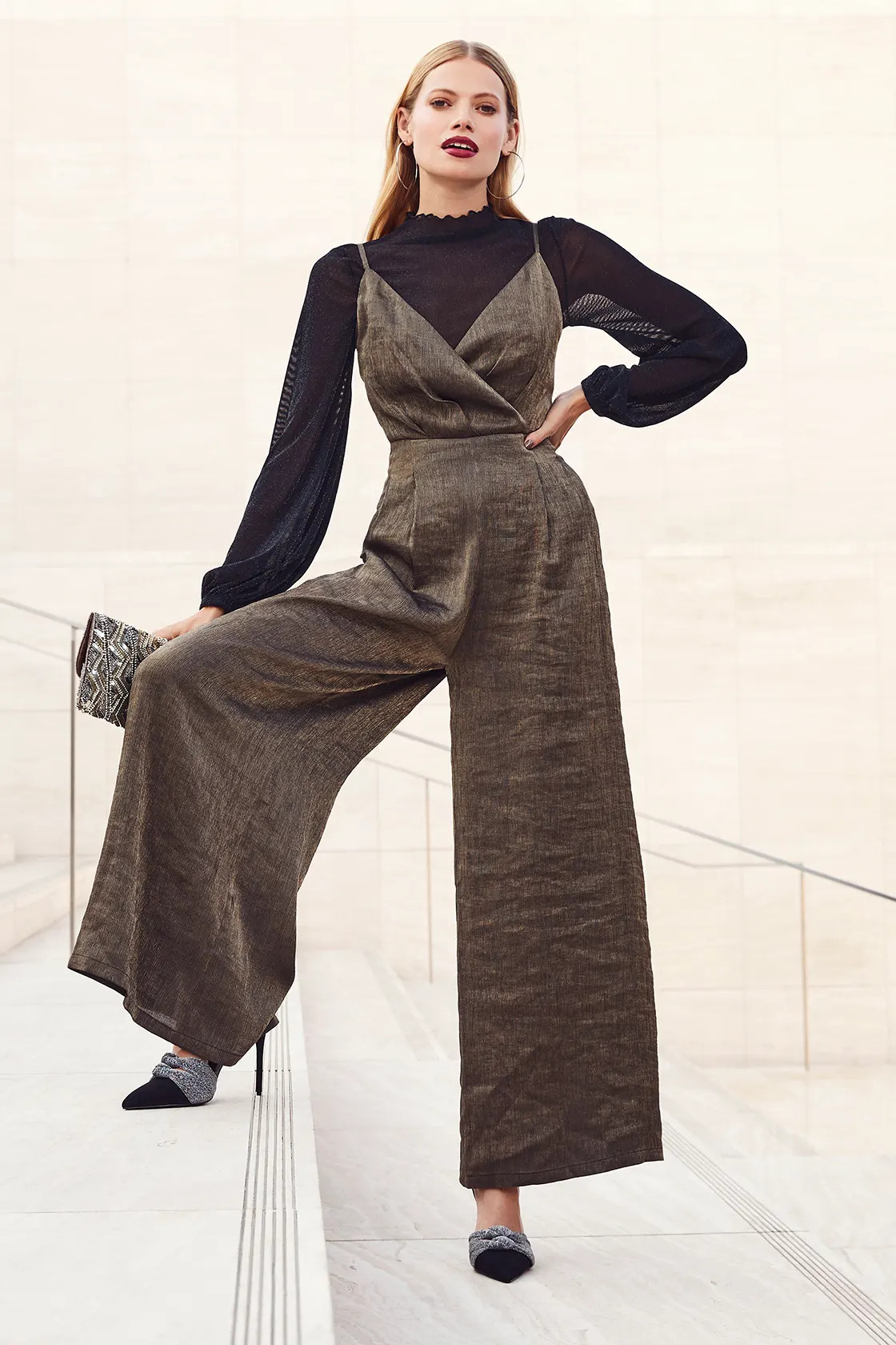 Forever a Stunner Gold Metallic Surplice Wide-Leg Jumpsuit | Lulus (US)