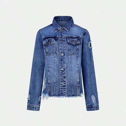 Women's Boyfriend Washed Round Neck Denim Jacket Jacket | SHEIN