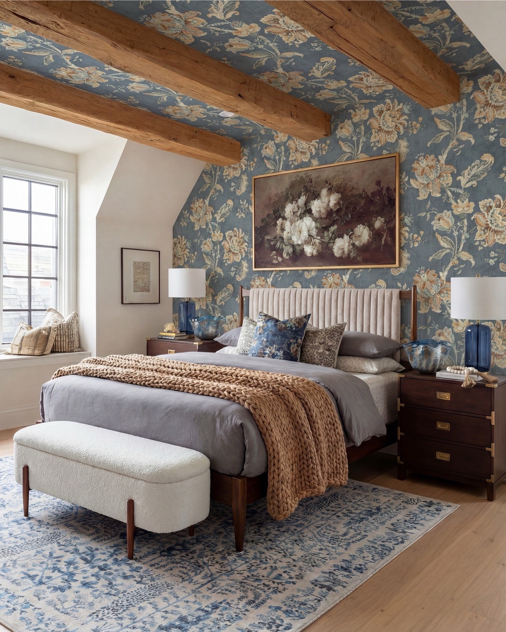Bedroom Refresh : Shop The Look.
Most bedrooms style the bed—this one styles the whole scene. The patterned ceiling pulls your eye up, the rich throw adds warmth, and layered blues keep everything calm and collected. Symmetry, texture, and small styling moments make it feel intentionally designed—not overworked.

Shop The Look
• Warm-wood platform bed with upholstered headboard
• White duvet + layered blue accent pillows
• Brown faux-fur throw blanket
• Upholstered storage bench at the foot of the bed
• Matching warm-wood nightstands
• Blue ceramic table lamps
• Blue decor bowl
• Bead garland decor
• Stack of books (nightstand styling)
• Floral artwork pair above the bed
• Blue patterned area rug
• Built-in window bench with plaid pillow
• Potted floor plant in ceramic planter
• Blue botanical ceiling wallpaper with exposed wood beams

#LTKSaleAlert #LTKSpringSale

#LTKsale #LTKhome