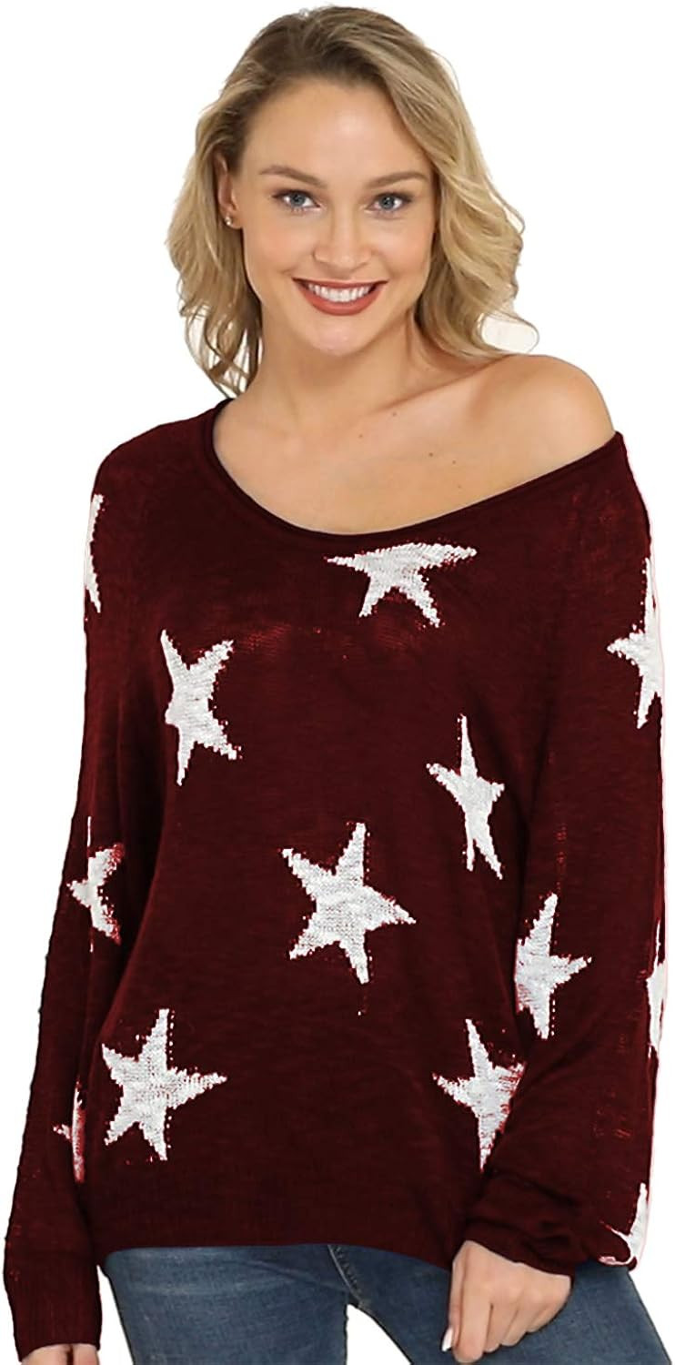 Pink Queen Womens Loose Star Sweater Long Batwing Sleeve V Neck Knitted Pullover Tops | Amazon (US)