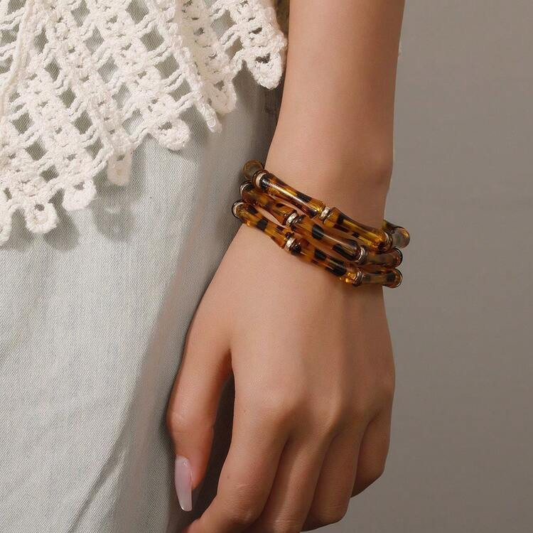 3pcs/Set Bamboo Tube Beaded Bracelet For Women Fashionable Versatile Elastic Layered Leopard Prin... | SHEIN