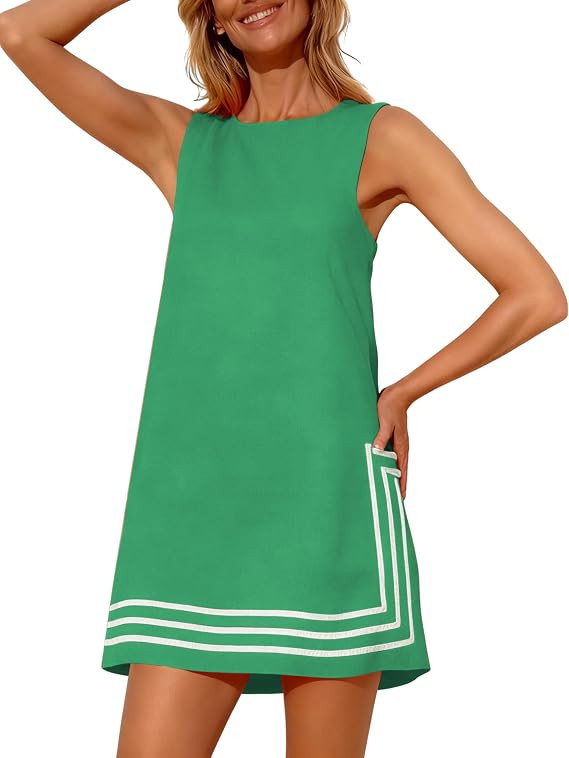 Womens Summer Boho A-Line Mini Dress Sleeveless Sundress Color Block Beach Coverups | Amazon (US)