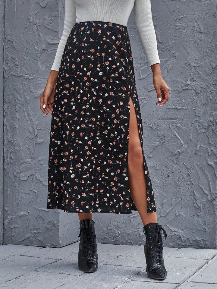 SHEIN Frenchy Ditsy Floral High-Slit Midi Skirt | SHEIN