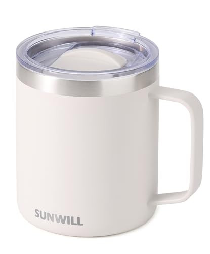 SUNWILL Travel Coffee Mug with Lid, Insulated Tumbler with Handle, 14 oz Stainless Steel Cup for Home, Office, Camping, Powder Coated Cream | Amazon (US)