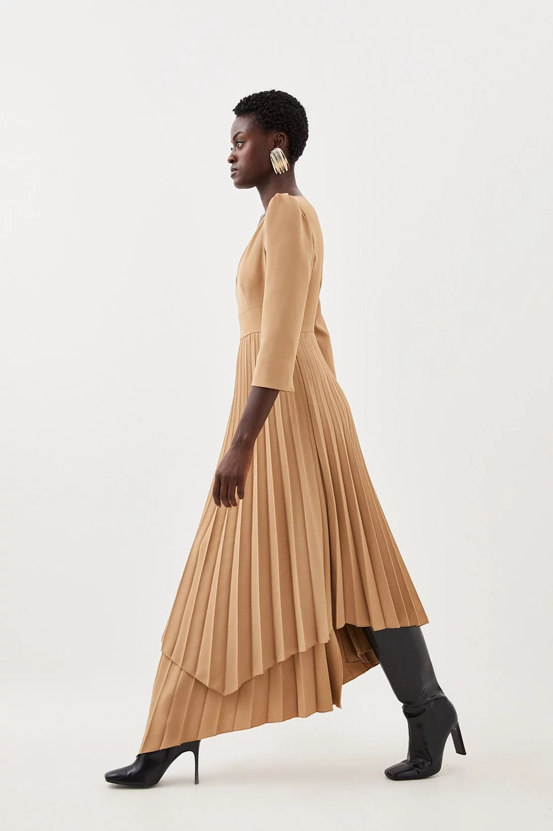 Military Pleat Panelled V Neck Tailored Midi Dress | Karen Millen US