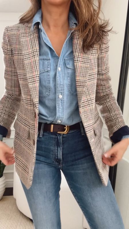 Button shirt from Madewell in xs. Linking more great options at different price points. 
Mother Jeans - I sized up. Linking similar styles for less. 
Boots tts. 
Oversized coat in xs. 
Wool blazer old from J Crew. Linking some great styles you can’t go wrong with  


#LTKsalealert #LTKstyletip #LTKover40