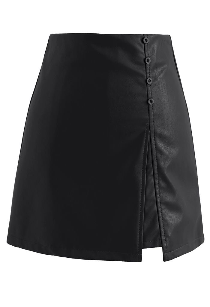 Polished Button Trim Faux Leather Bud Skirt in Black | Chicwish