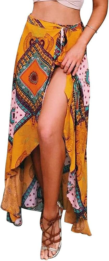 RUIGO Women's High-Waisted Boho Asymmetrical Hem Tie up Long Maxi Print Wrap Skirt | Amazon (US)