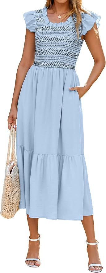 Simplee Womens Boho Maxi Dress Flutter Sleeve Summer Casual Smocked Waist A Line Flowy Tiered Dre... | Amazon (US)