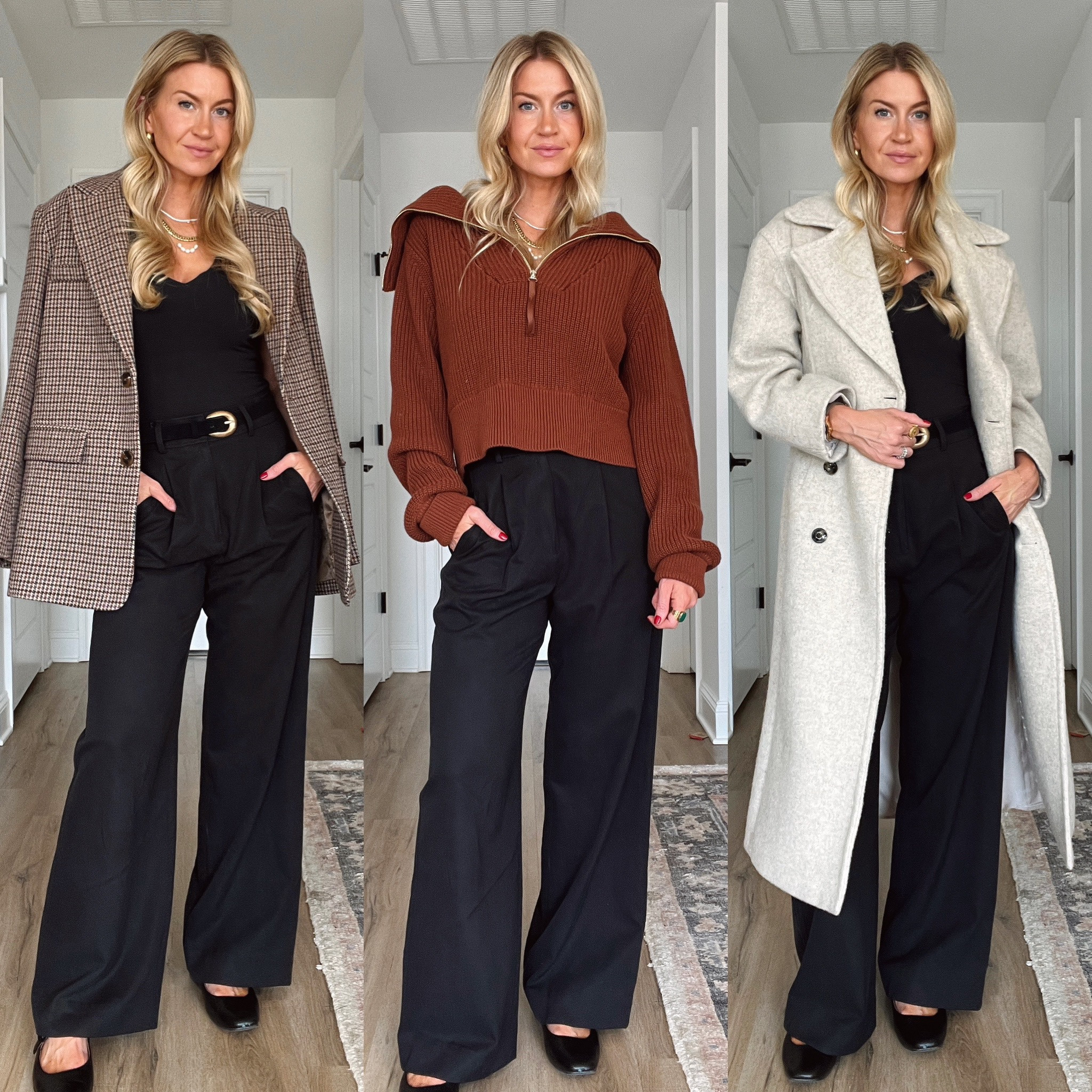 Five ideas for styling black trousers - oversized blazer draped over shoulders, large wool coat, half zip copper knit pullover, Mary Jane flats, oversized button down with thin belt  

#LTKstyletip #LTKSeasonal #LTKworkwear
