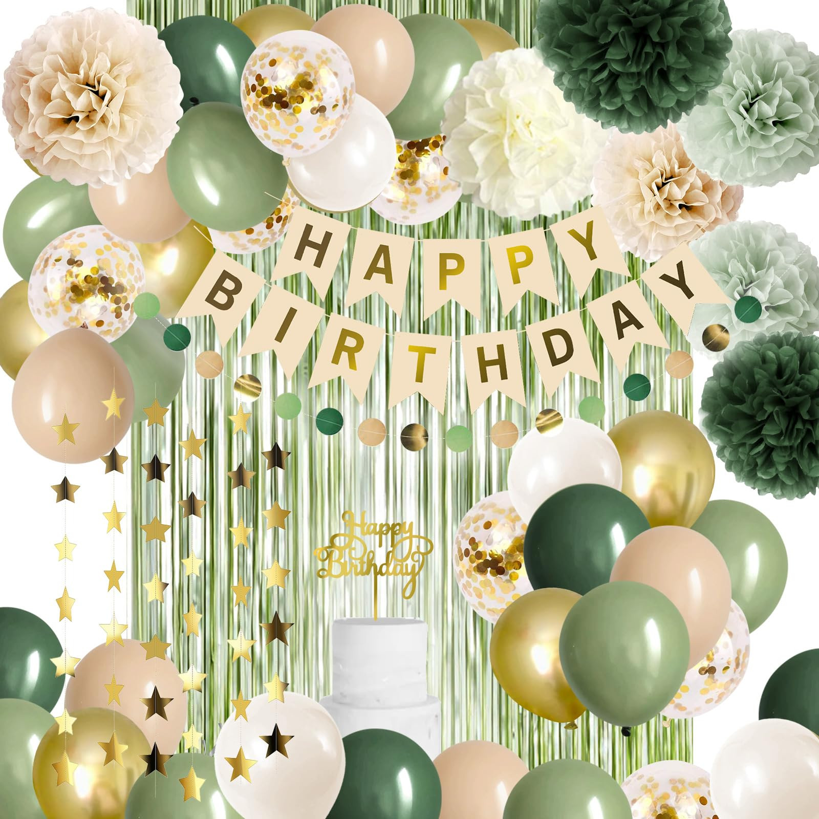 Sage Green Birthday Decorations Olive Green Happy Birthday Party Decorations Nude Retro Gold Ball... | Amazon (US)
