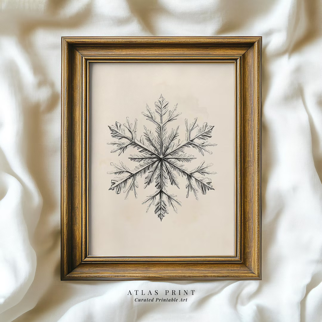 Vintage Snowflake Sketch Print, Neutral Christmas Wall Decor, Beige Winter Wall Art, Xmas Country... | Etsy (US)
