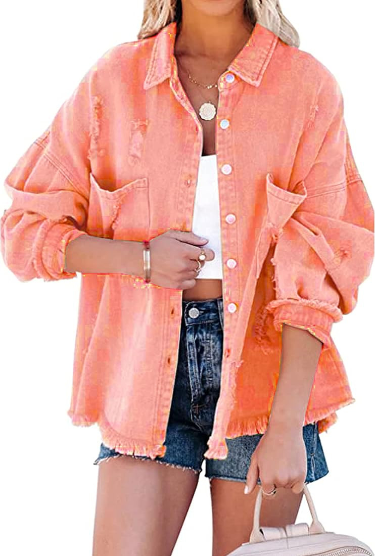 Womens Causal Oversized Soft Lightweight Distressed Jean Jacket Ripped Fringe Long Sleeve Denim J... | Amazon (US)