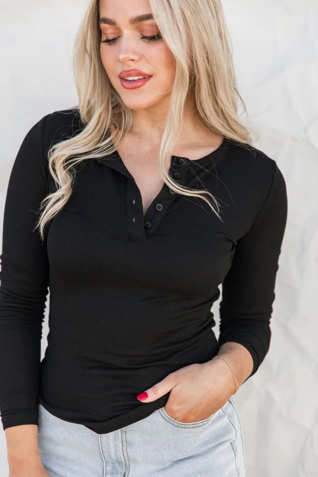All The Better Black Ribbed Knit Henley Long Sleeve Tee | Pink Lily