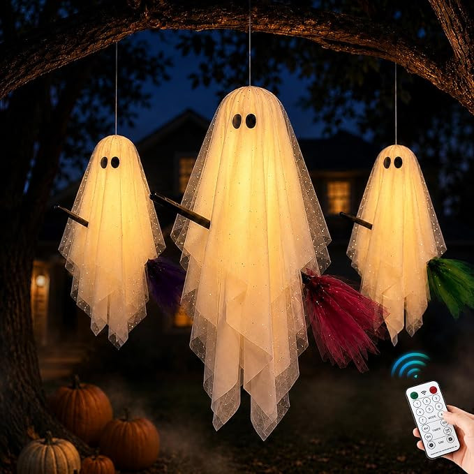 Halloween Decorations Outdoor, 3 Pack Hanging Ghosts on Brooms with Built-in Warm Lights, Flying ... | Amazon (US)